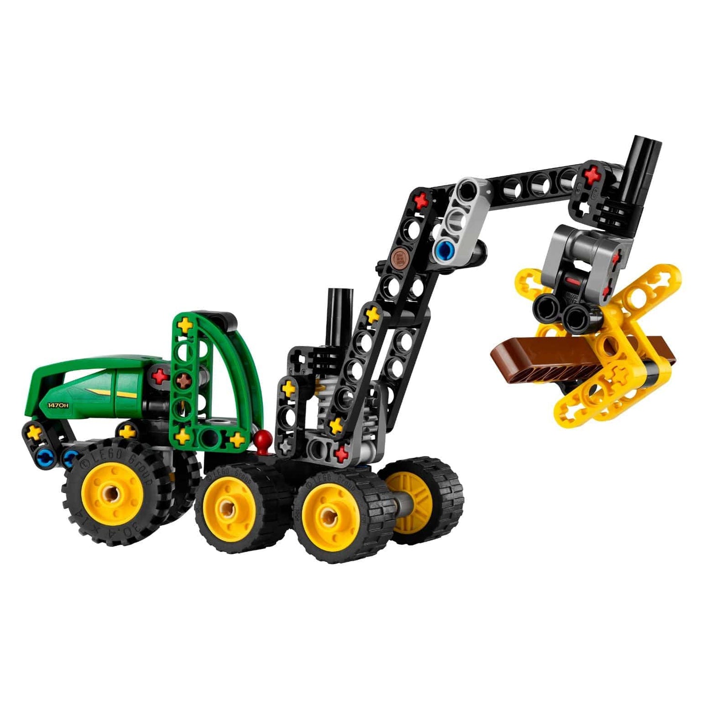 Lego Technic Ceifeira com Rodas John Deere 1470H verde e amarelo com braço articulado e garra a segurar troncos