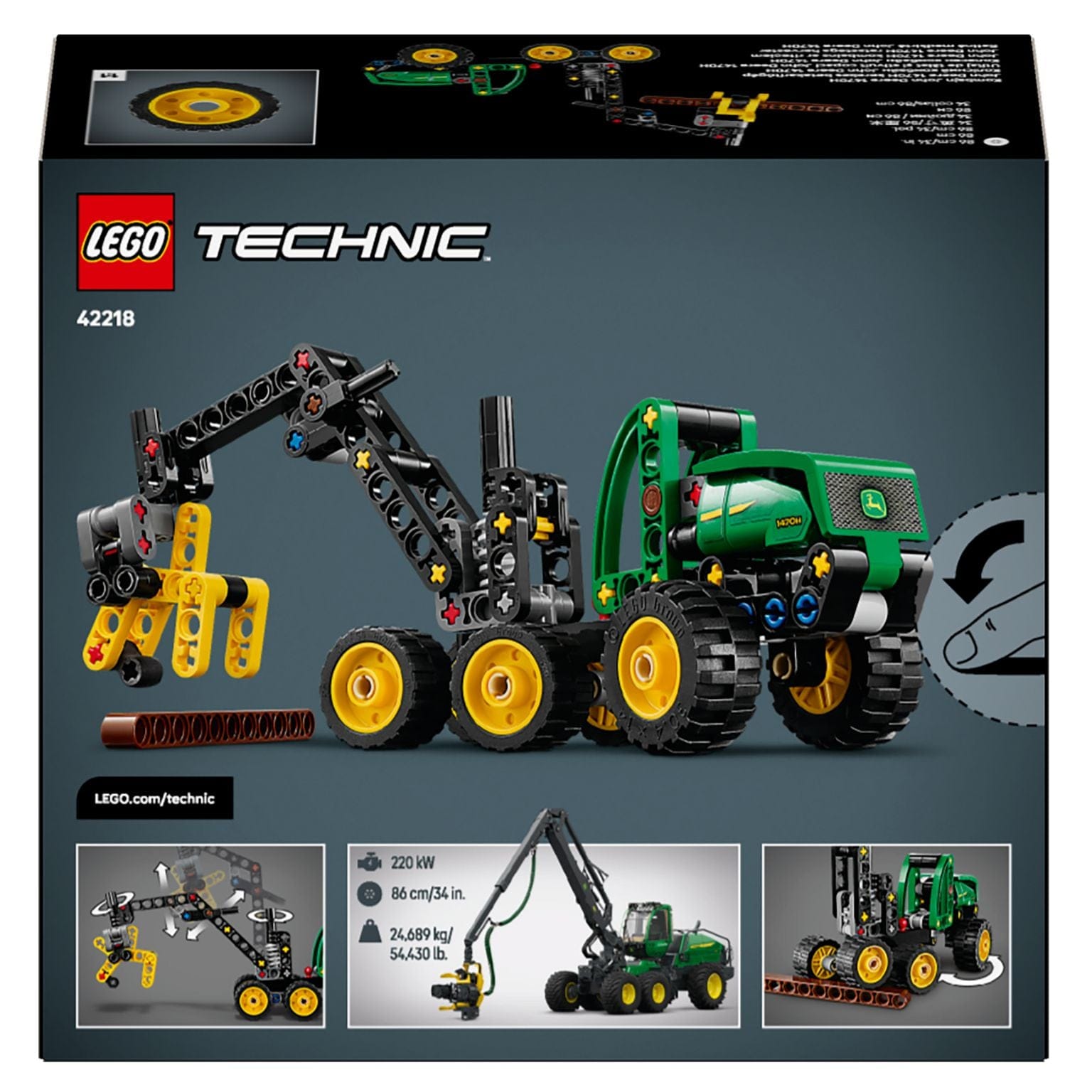 Lego Technic Ceifeira com Rodas John Deere 1470H verde e amarelo com braço articulado e garra a segurar troncos
