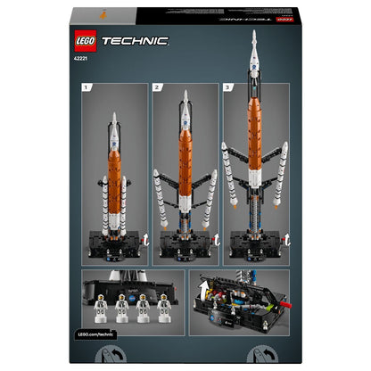 Lego Technic Foguetão do Sistema de Lançamento Espacial NASA Artemis montado em base de lançamento com tema espacial