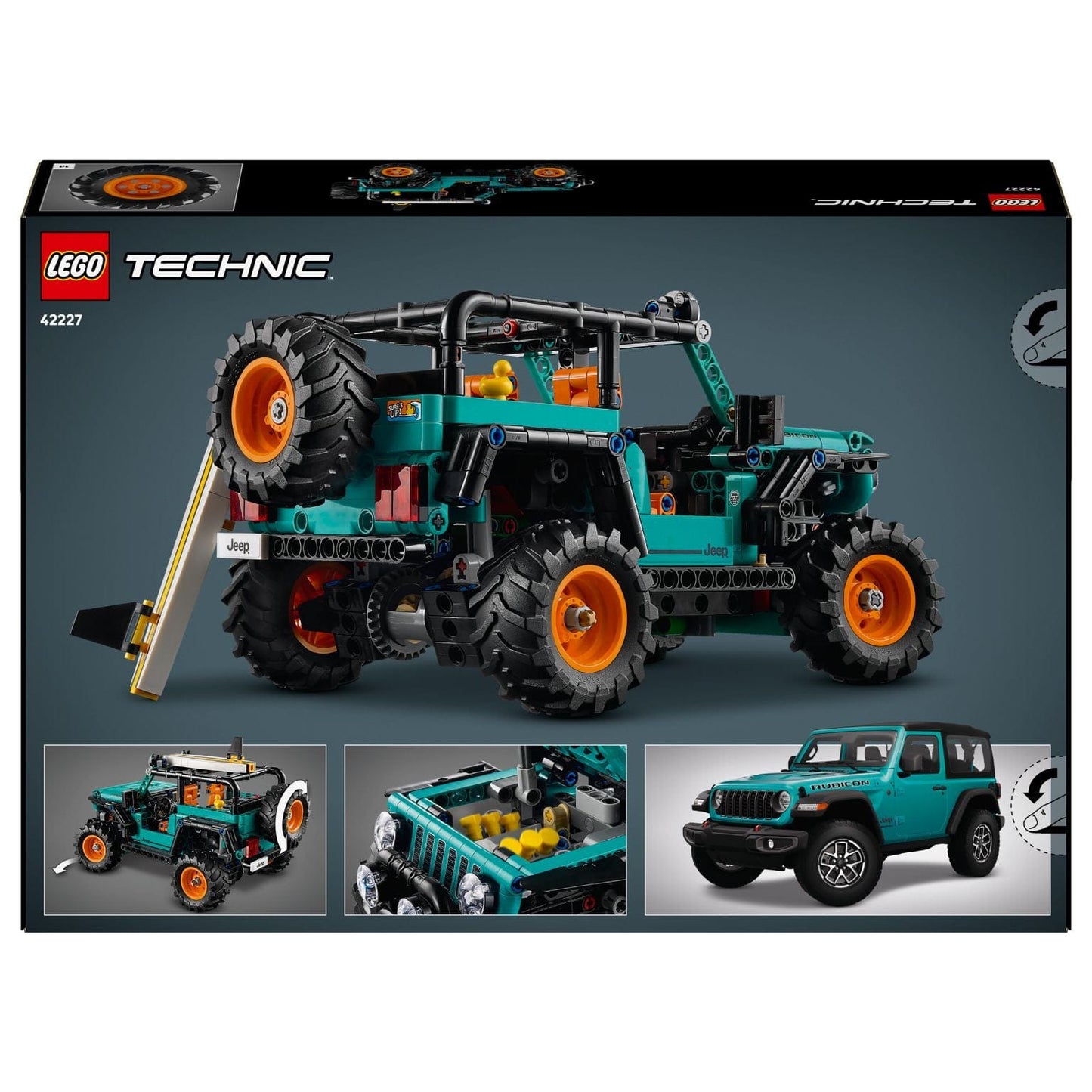 Lego Technic SUV Jeep Wrangler Rubicon todo-o-terreno cor turquesa com jantes laranja e visual aventureiro