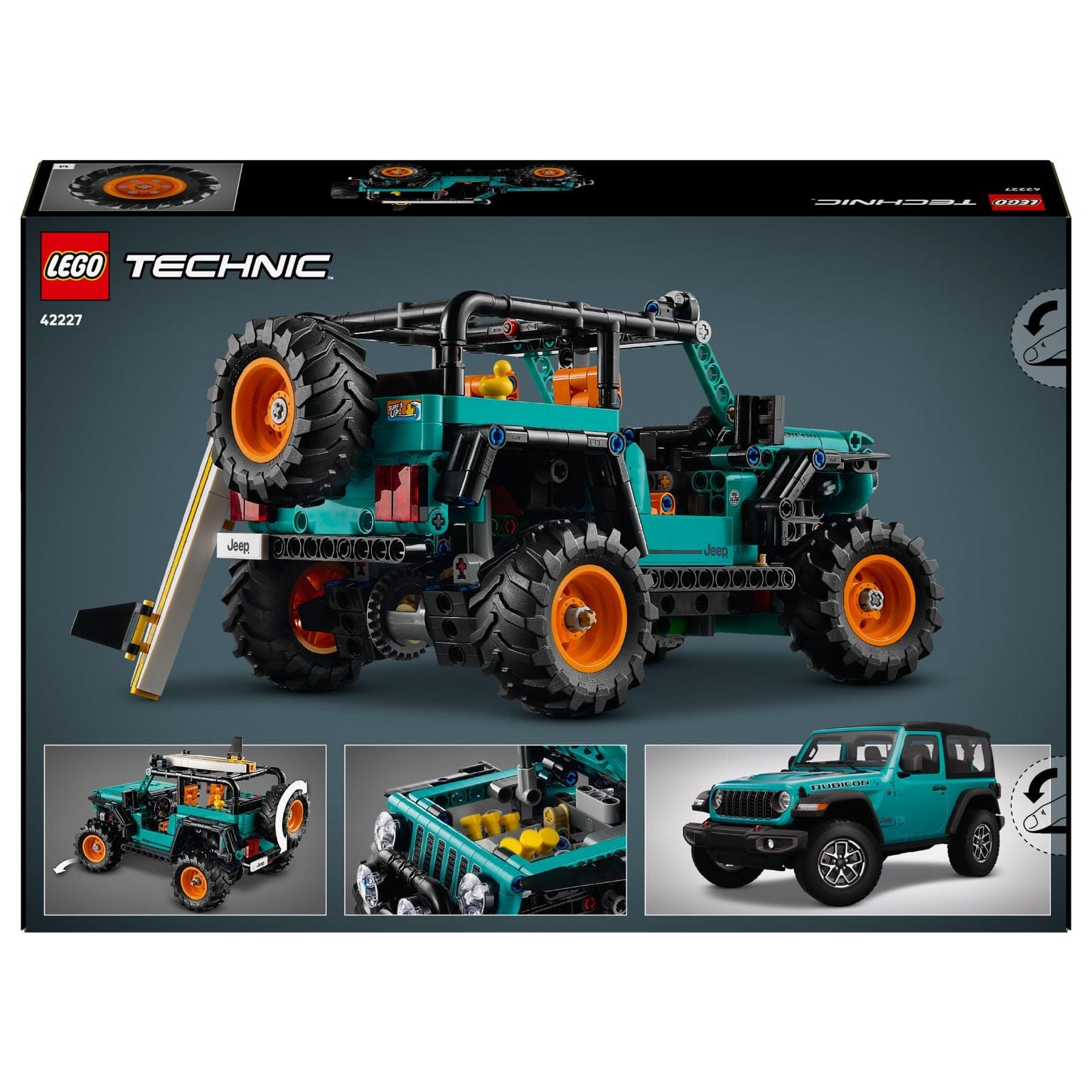 Lego Technic SUV Jeep Wrangler Rubicon todo-o-terreno cor turquesa com jantes laranja e visual aventureiro