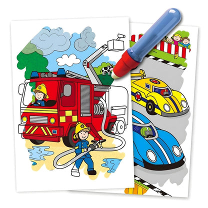 Livro de colorir Water Magic Veículos Galt com caneta de água e desenhos de carros, autocarro e camiões