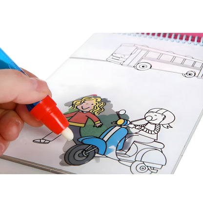 Livro de colorir Water Magic Veículos Galt com caneta de água e desenhos de carros, autocarro e camiões