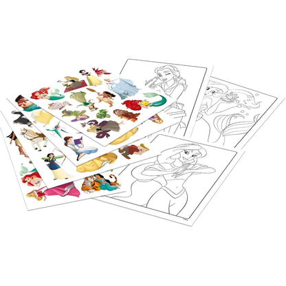 Livro de atividades Princesas Disney da Crayola com Ariel, Cinderela e Jasmine na capa e folhas de autocolantes e desenhos para colorir