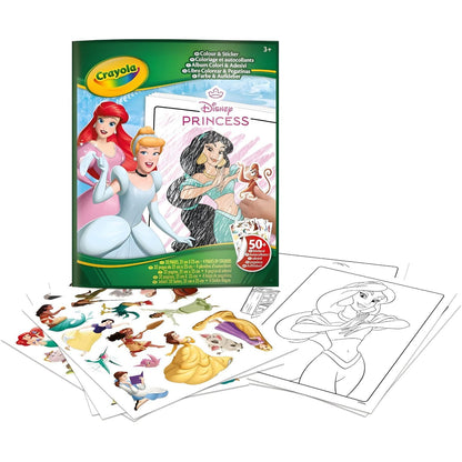Livro de atividades Princesas Disney da Crayola com Ariel, Cinderela e Jasmine na capa e folhas de autocolantes e desenhos para colorir