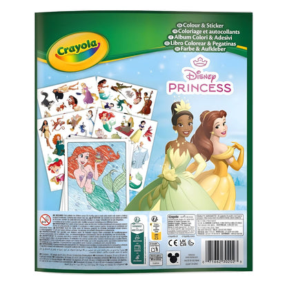 Livro de atividades Princesas Disney da Crayola com Ariel, Cinderela e Jasmine na capa e folhas de autocolantes e desenhos para colorir