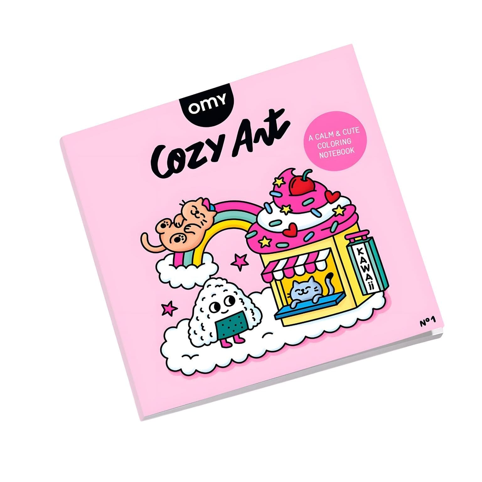 Livro de Colorir Cozy Kawaii OMY com ilustração kawaii em capa rosa