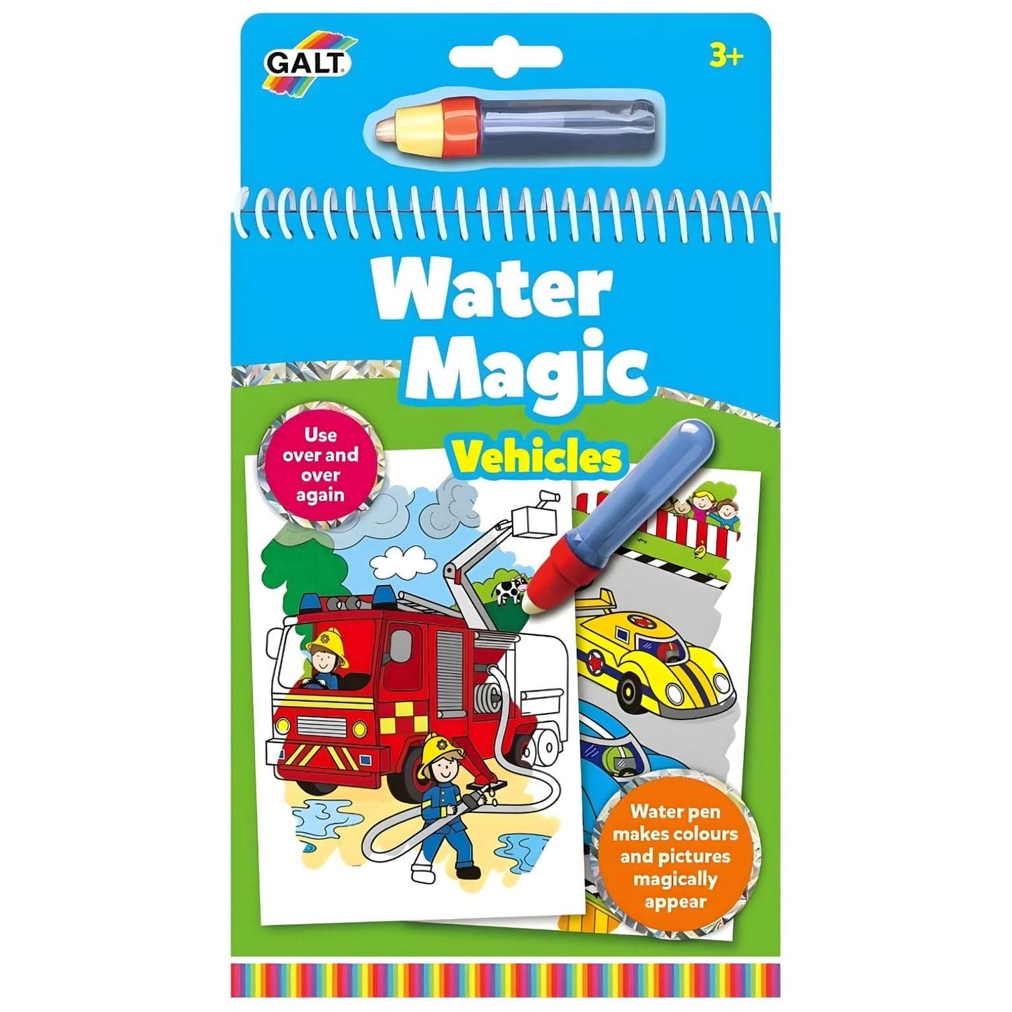 Livro de colorir Water Magic Veículos Galt com caneta de água e desenhos de carros, autocarro e camiões