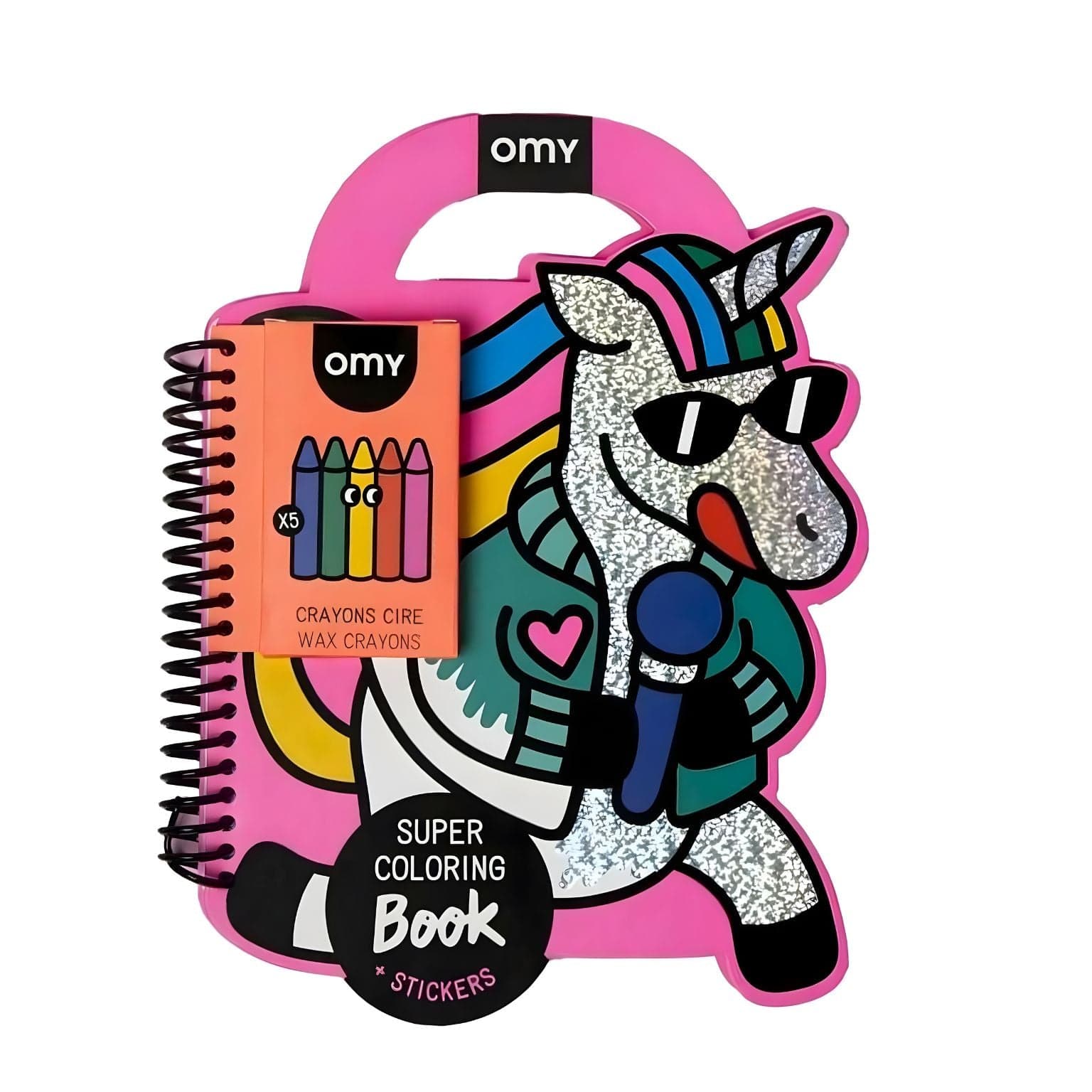 Livro de colorir e adesivos Lily da Omy em forma de unicórnio rosa com páginas para colorir, autocolantes e tema mágico infantil