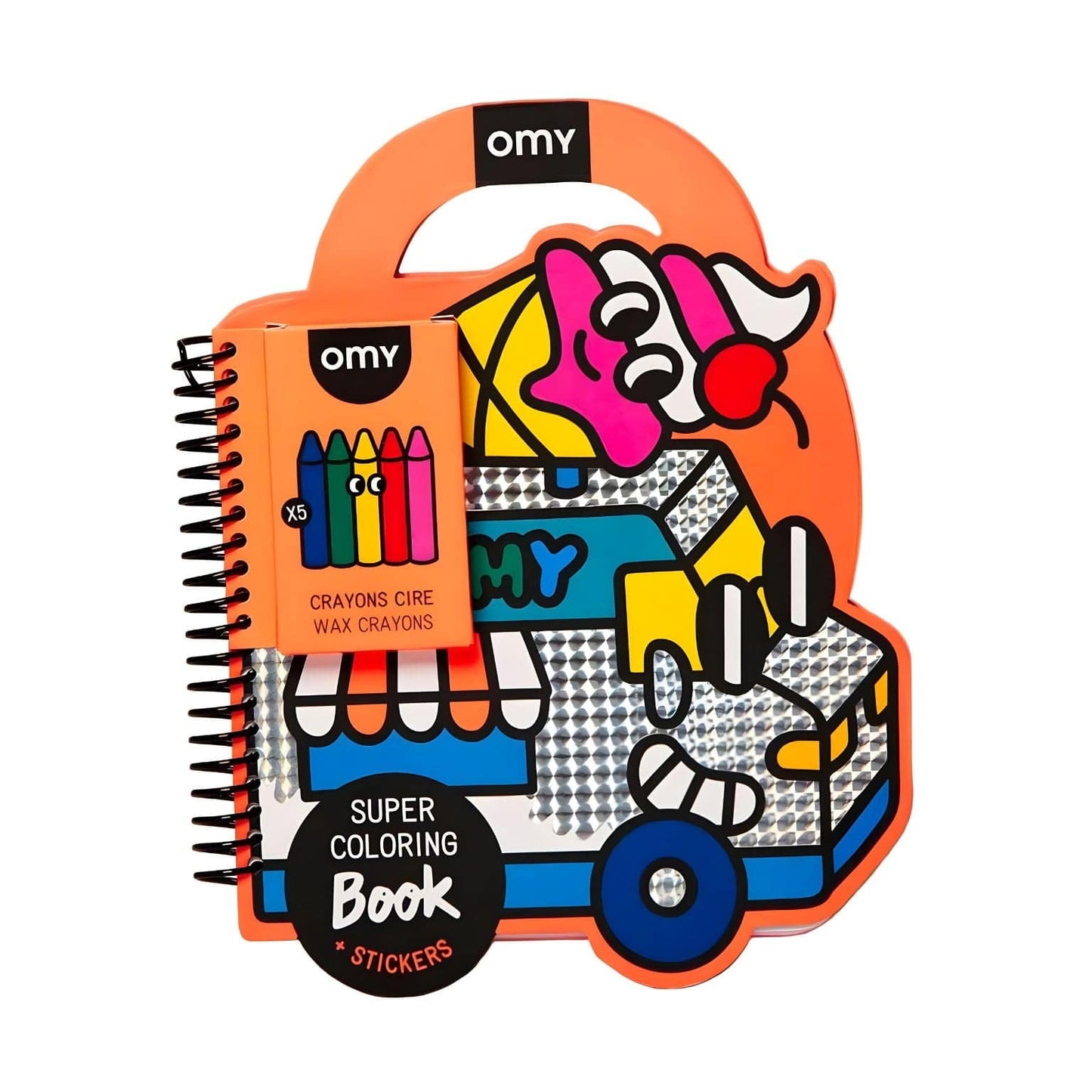 Livro de colorir e adesivos Yummy da Omy com páginas ilustradas, adesivos e lápis de cera em design divertido para crianças