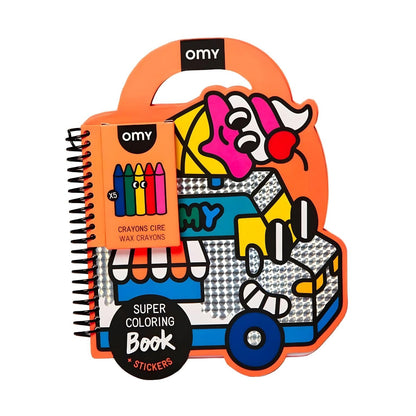 Livro de colorir e adesivos Yummy da Omy com páginas ilustradas, adesivos e lápis de cera em design divertido para crianças