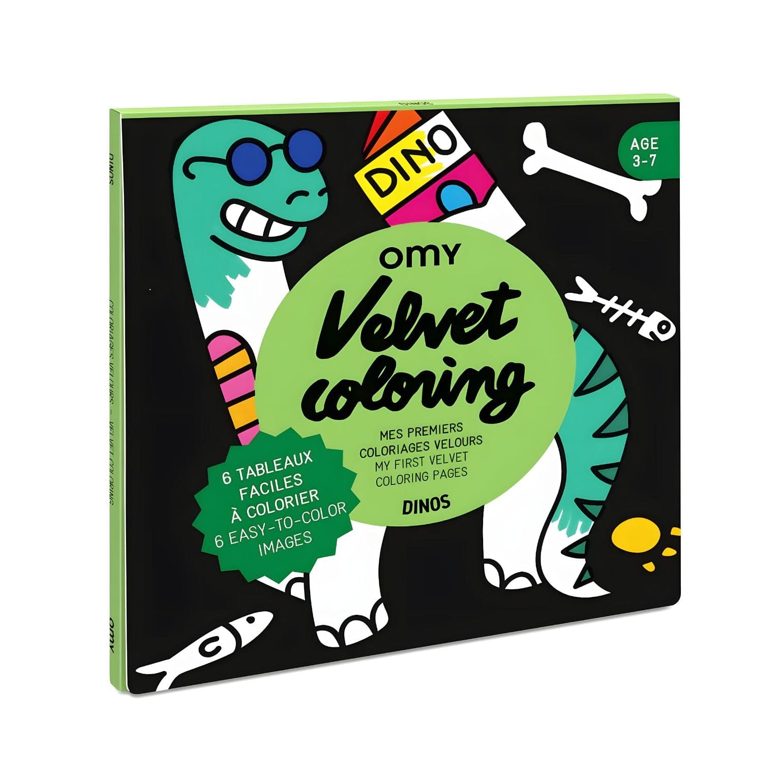 Livro de colorir em veludo Dino da Omy com ilustrações de dinossauros para colorir