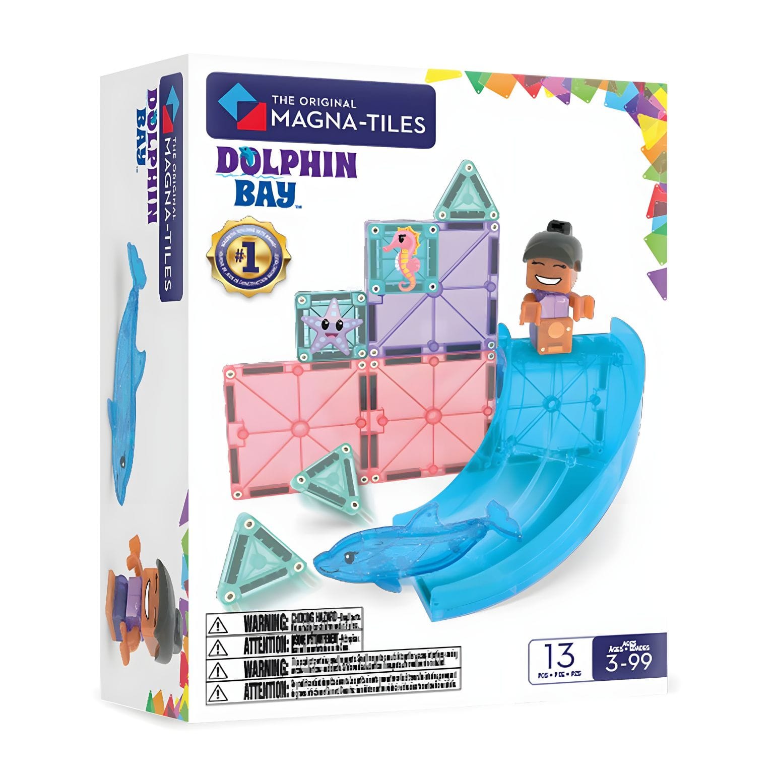 Magna-Tiles Baía do Golfinho com surfista, golfinho e cenário costeiro