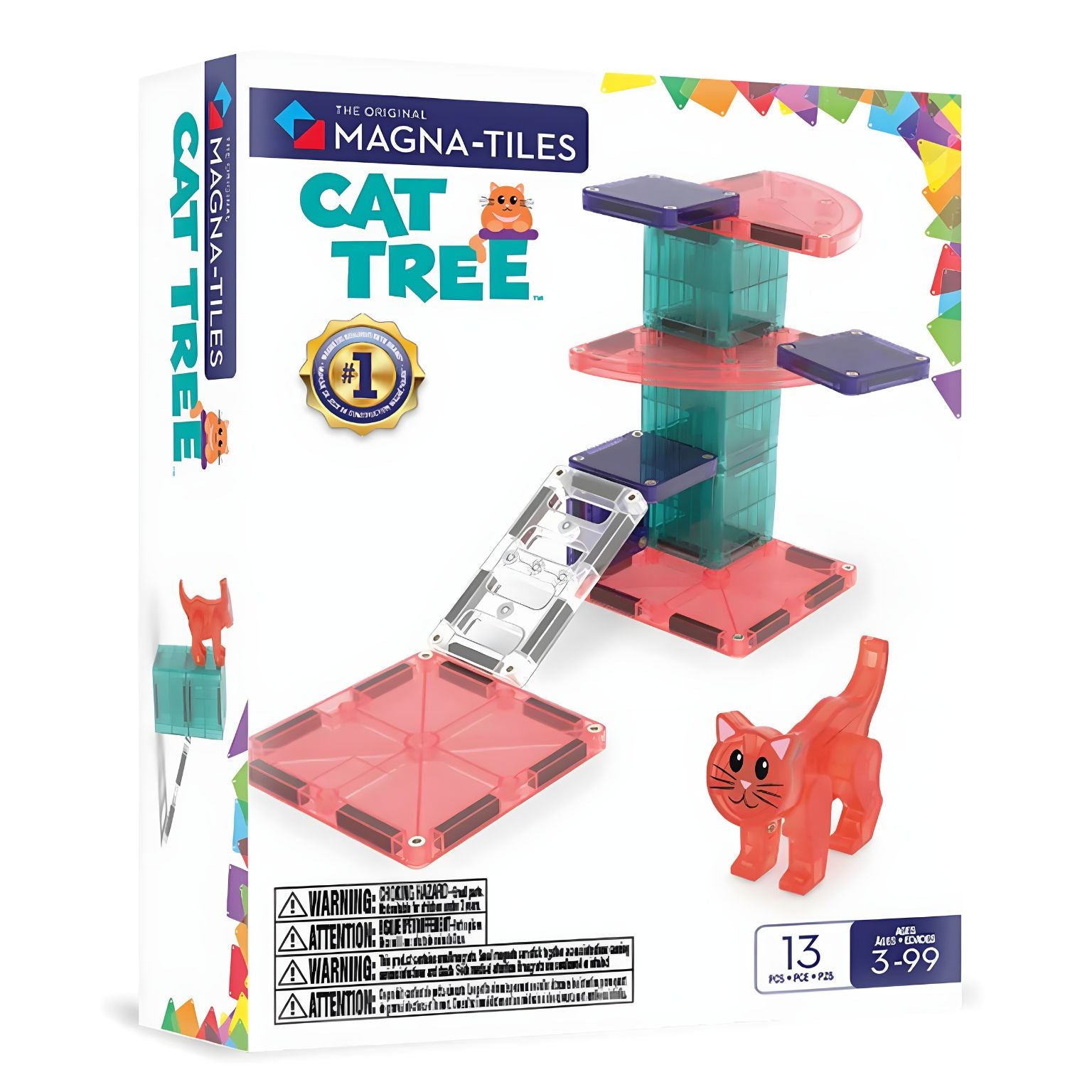 menina a brincar com conjunto Magna-Tiles Cat Tree árvore de gatos magnética colorida