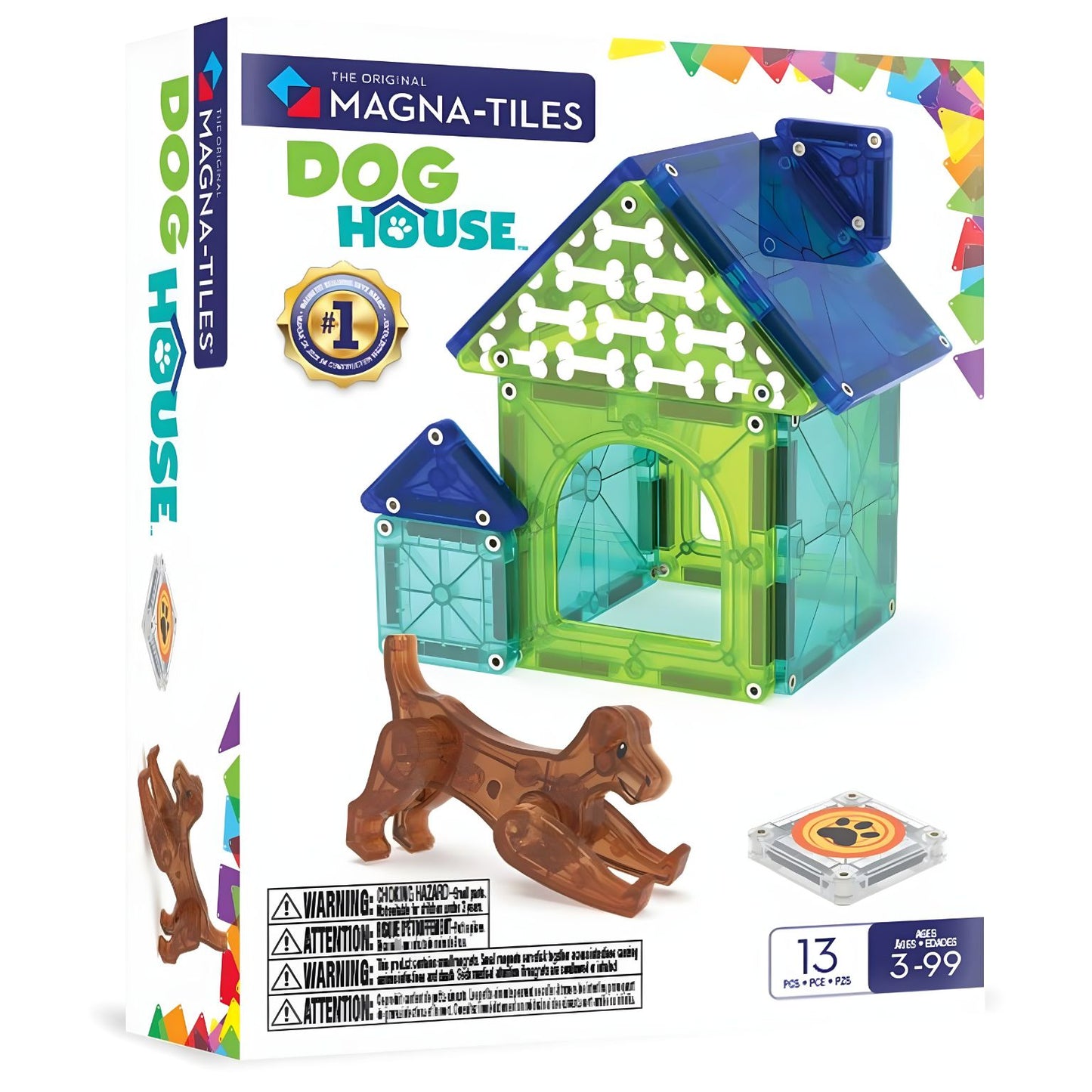 Magna-Tiles Dog House conjunto de construção casinha de cão peças coloridas e figura de cão castanho
