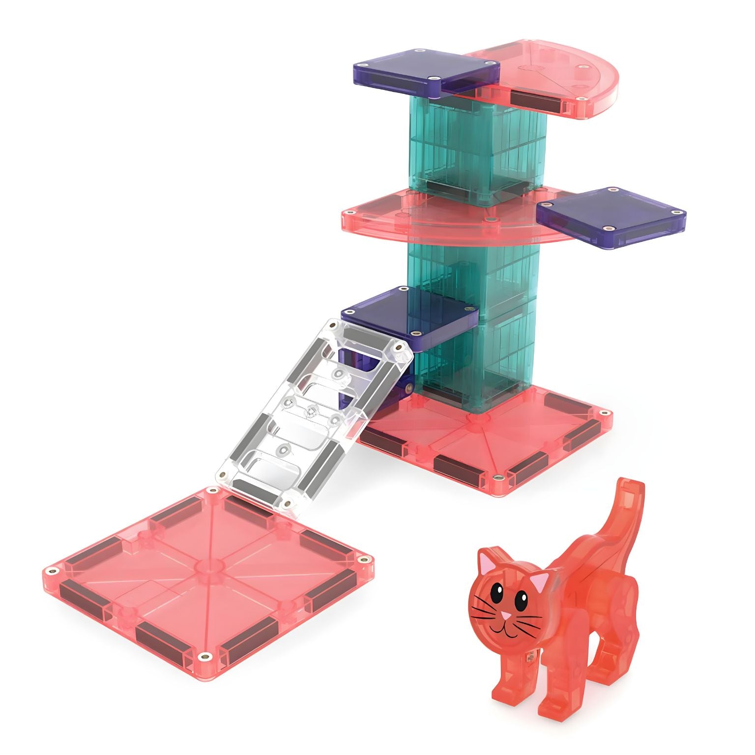 menina a brincar com conjunto Magna-Tiles Cat Tree árvore de gatos magnética colorida