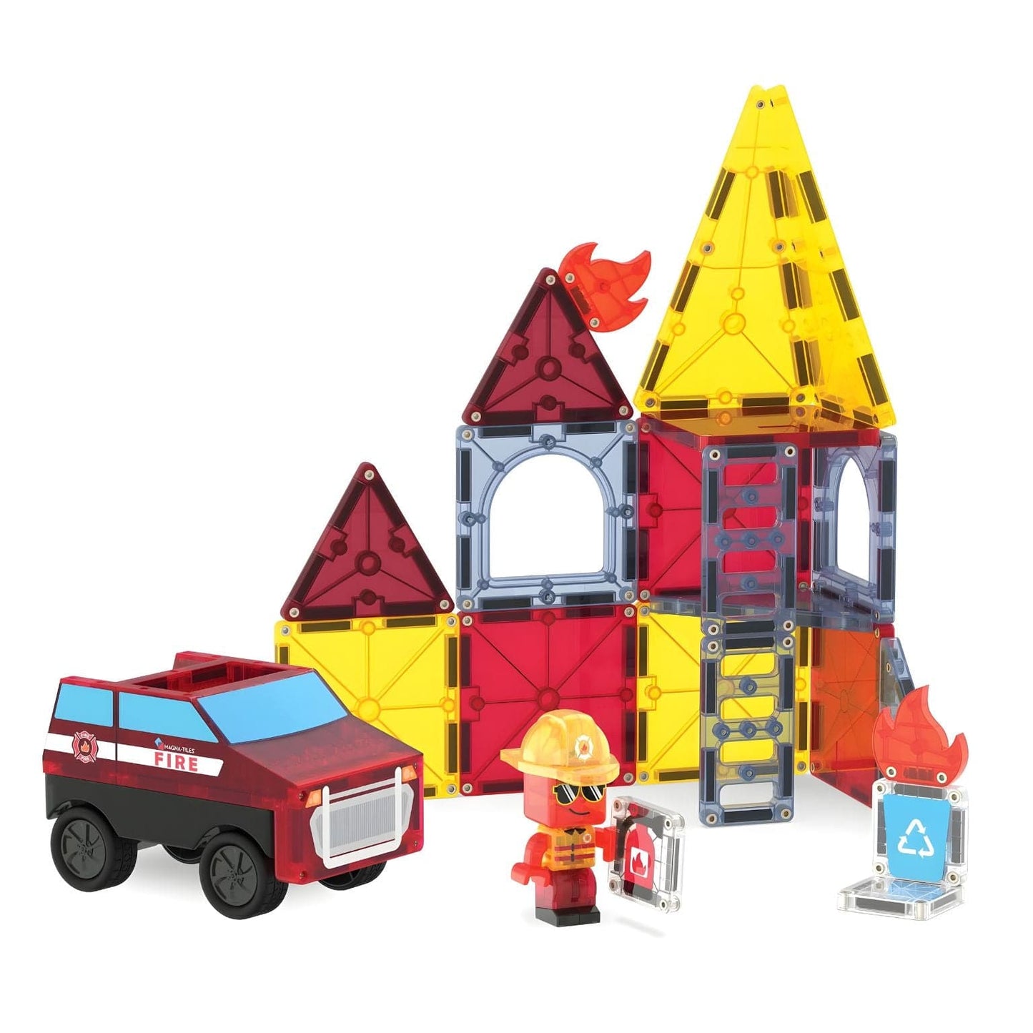 Magna-Tiles Fire Rescue conjunto magnético de bombeiros com torre e viatura