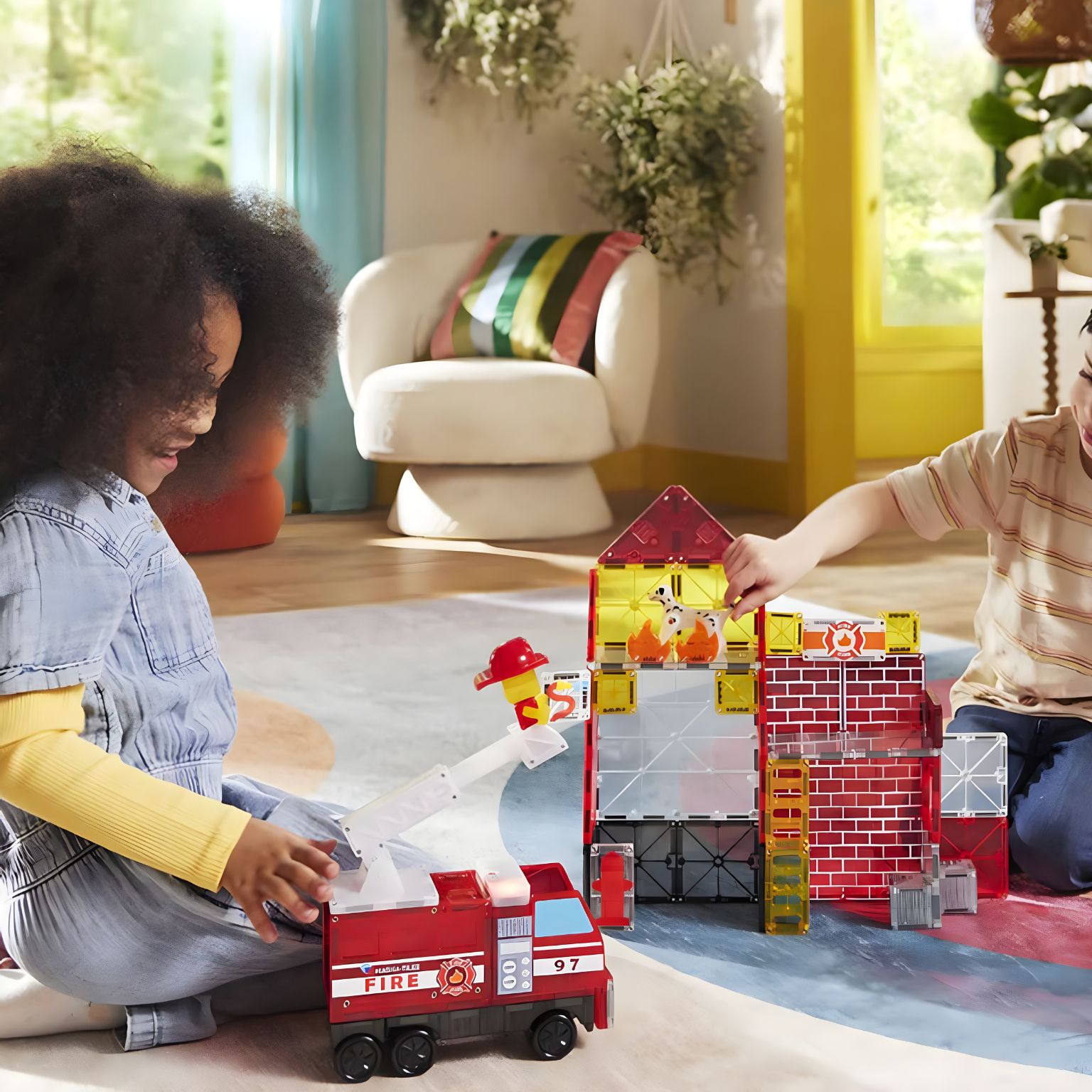 Magna-Tiles Fire Rescue estação de bombeiros magnética com camião e bombeiro