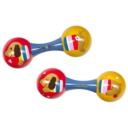 Bebé a brincar com Maracas do cão Dachshund coloridas da Spiegelburg