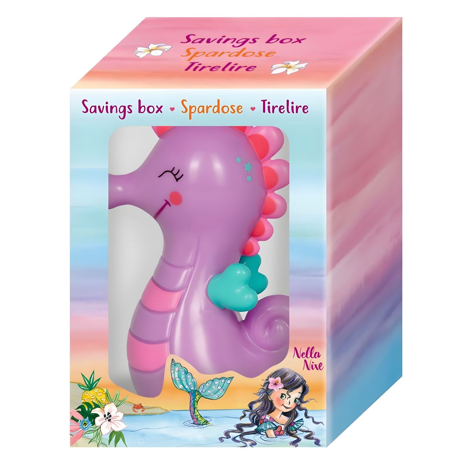 Mealheiro Cavalo Marinho Lilás da Spiegelburg em tons de lilás, rosa e turquesa, com expressão sorridente e ranhura para moedas