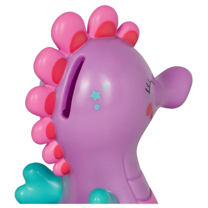 Mealheiro Cavalo Marinho Lilás da Spiegelburg em tons de lilás, rosa e turquesa, com expressão sorridente e ranhura para moedas
