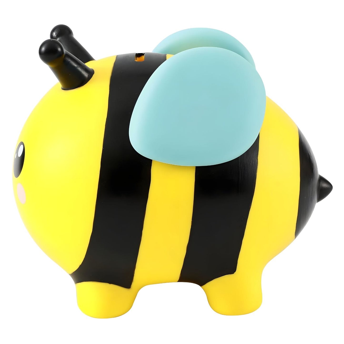 Mealheiro da abelha Maia amarelo e preto com asas azuis e rosto sorridente