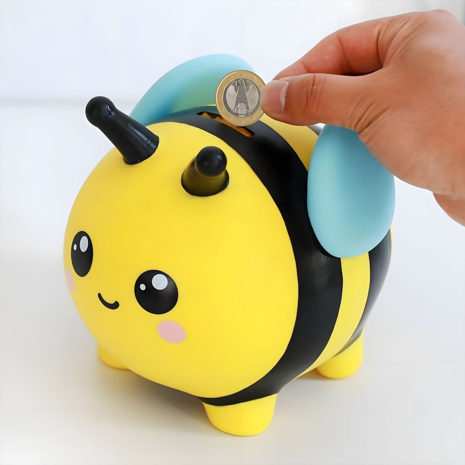 Mealheiro da abelha Maia amarelo e preto com asas azuis e rosto sorridente