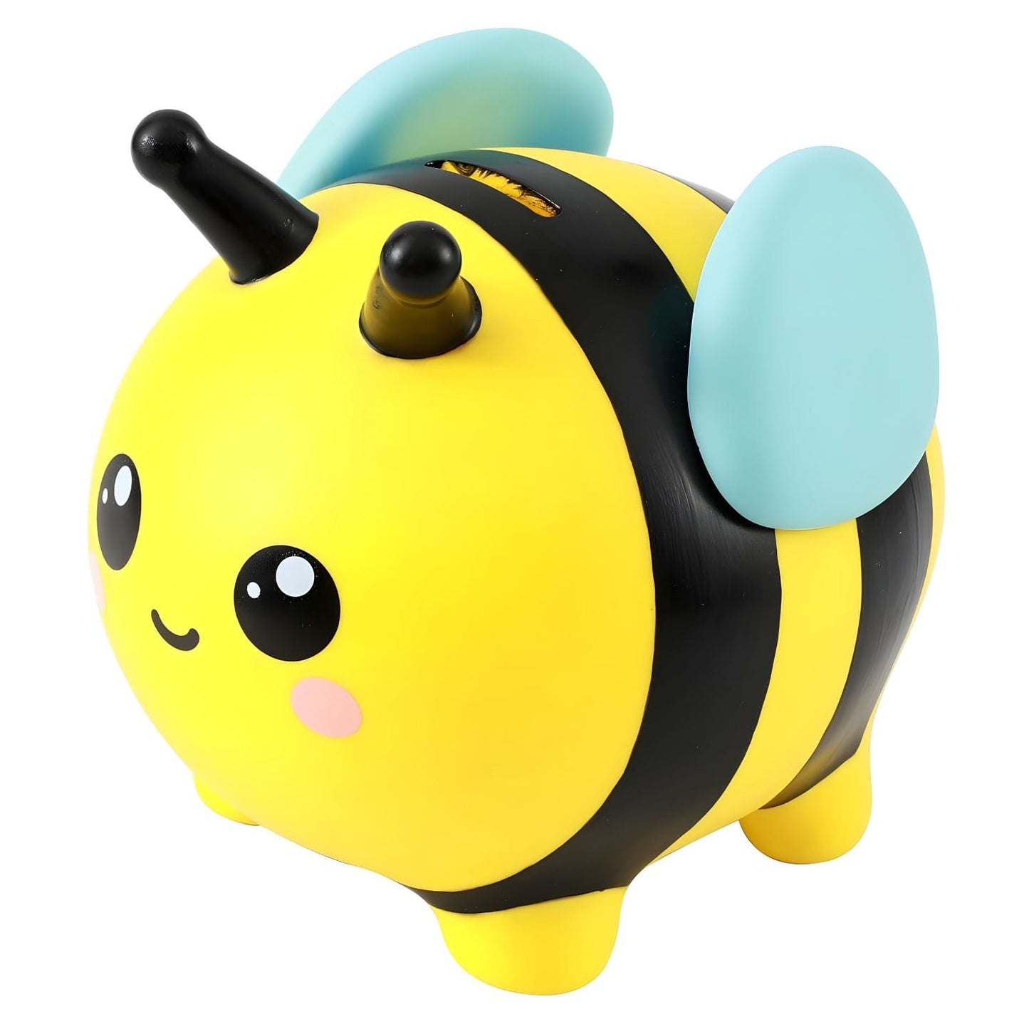 Mealheiro da abelha Maia amarelo e preto com asas azuis e rosto sorridente