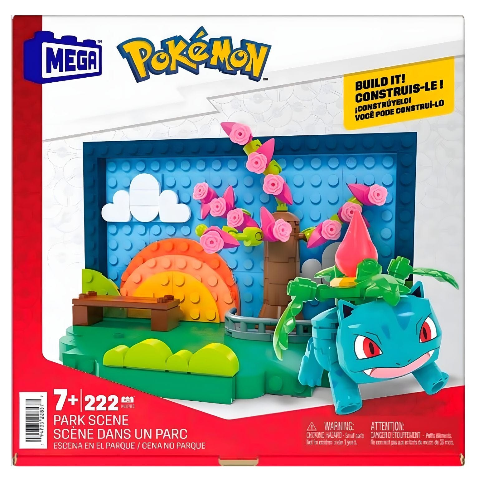 Mega Pokémon Cena no Parque com personagem Pokémon e cenário de parque colorido com flores e elementos de paisagem