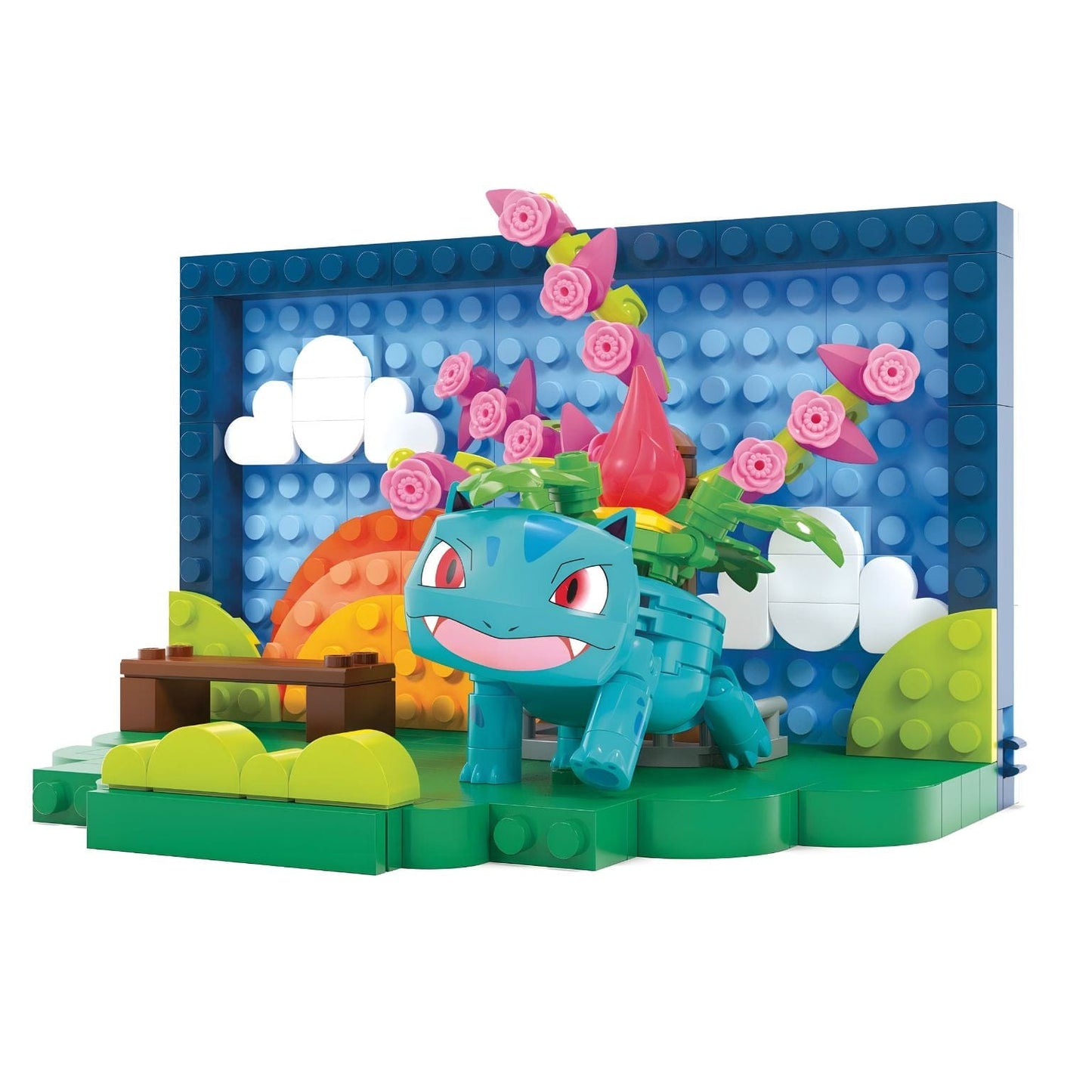 Mega Pokémon Cena no Parque com personagem Pokémon e cenário de parque colorido com flores e elementos de paisagem