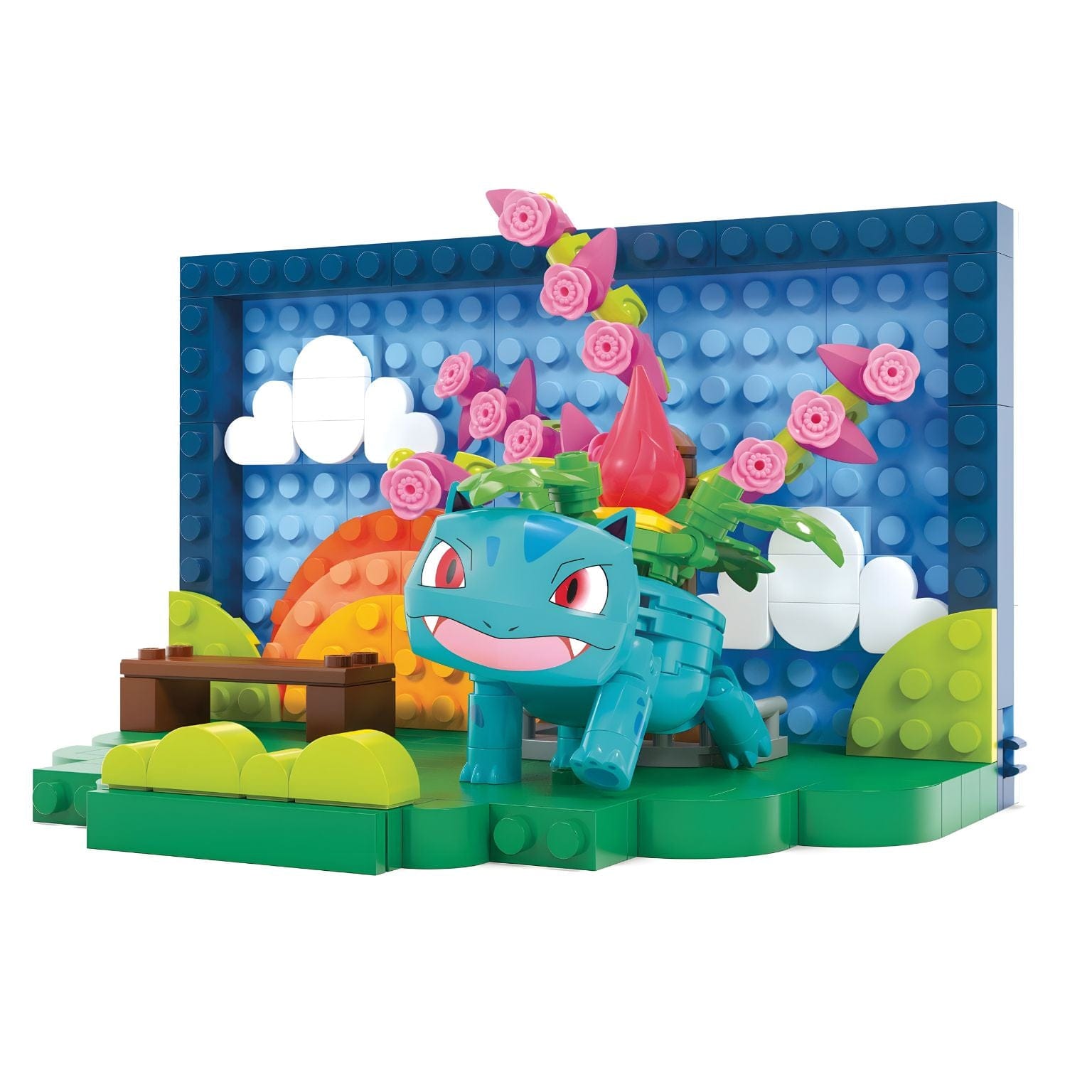 Mega Pokémon Cena no Parque com personagem Pokémon e cenário de parque colorido com flores e elementos de paisagem