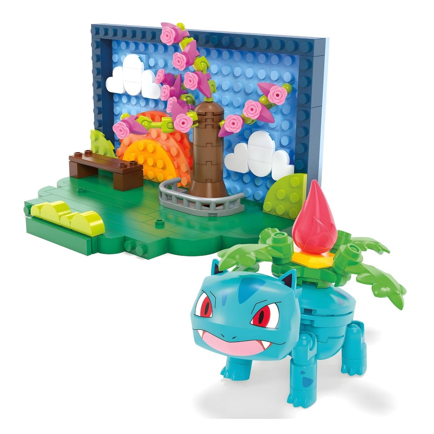 Mega Pokémon Cena no Parque com personagem Pokémon e cenário de parque colorido com flores e elementos de paisagem