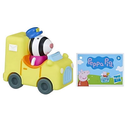 Mini veículo Daddy Zebra ao lado do cartão da embalagem Peppa Pig