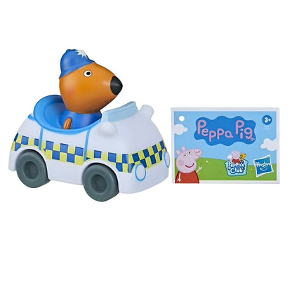 Mini veículo Freddy Fox ao lado do cartão da embalagem Peppa Pig