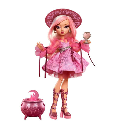 Boneca Monster High Carina Song com chapéu cor-de-rosa, vestido e caldeirão