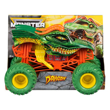 Monster Jam Dragon verde com visual inspirado num dragão e rodas de grande presença