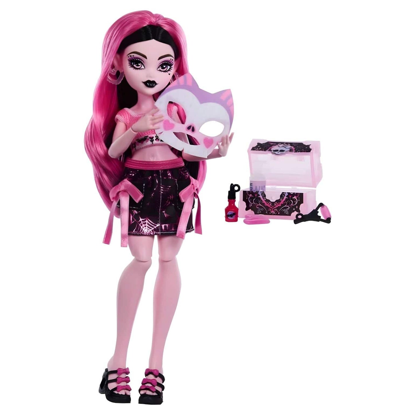 Monster High Self-Scare Secrets Draculaura com cabelo cor-de-rosa e acessórios de faz de conta