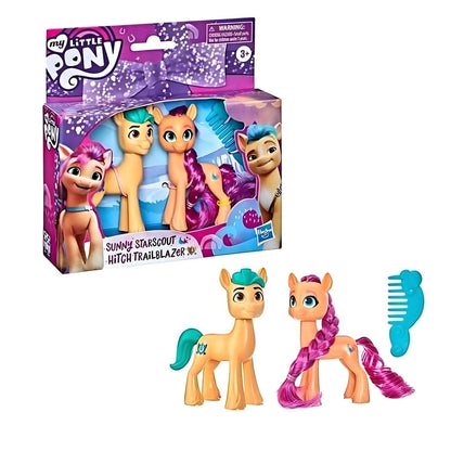 Póneis Sunny Starscout e Hitch ao lado da embalagem