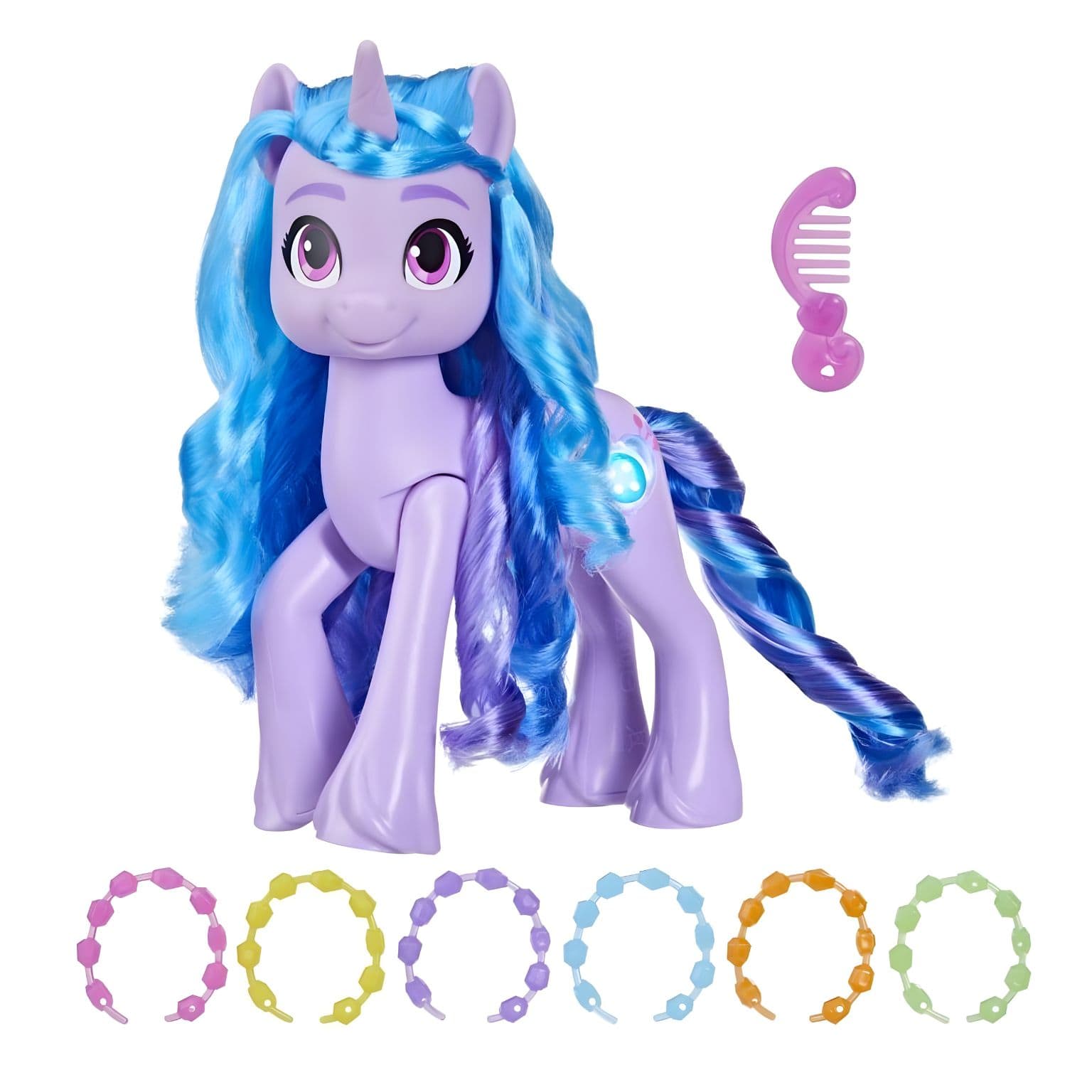 Izzy Moonbow My Little Pony em embalagem Descobrir o Brilho com acessórios