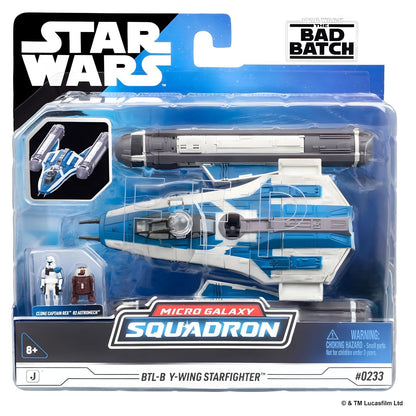 Nave Star Wars Micro Galaxy Squadron BTL-B Y-Wing Starfighter na embalagem, com duas figuras