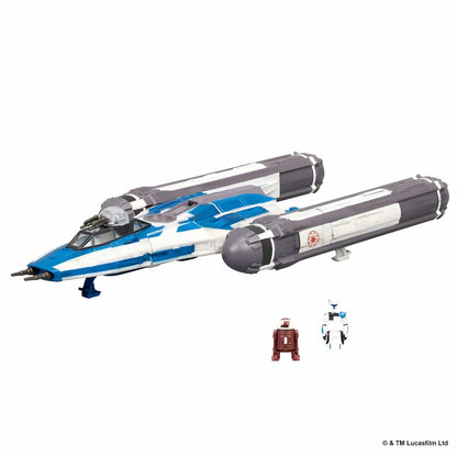 Nave BTL-B Y-Wing Starfighter azul e branca fora da caixa, com duas mini figuras