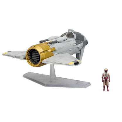 Nave Fiend Fighter cinzenta e dourada sobre suporte com figura de piloto