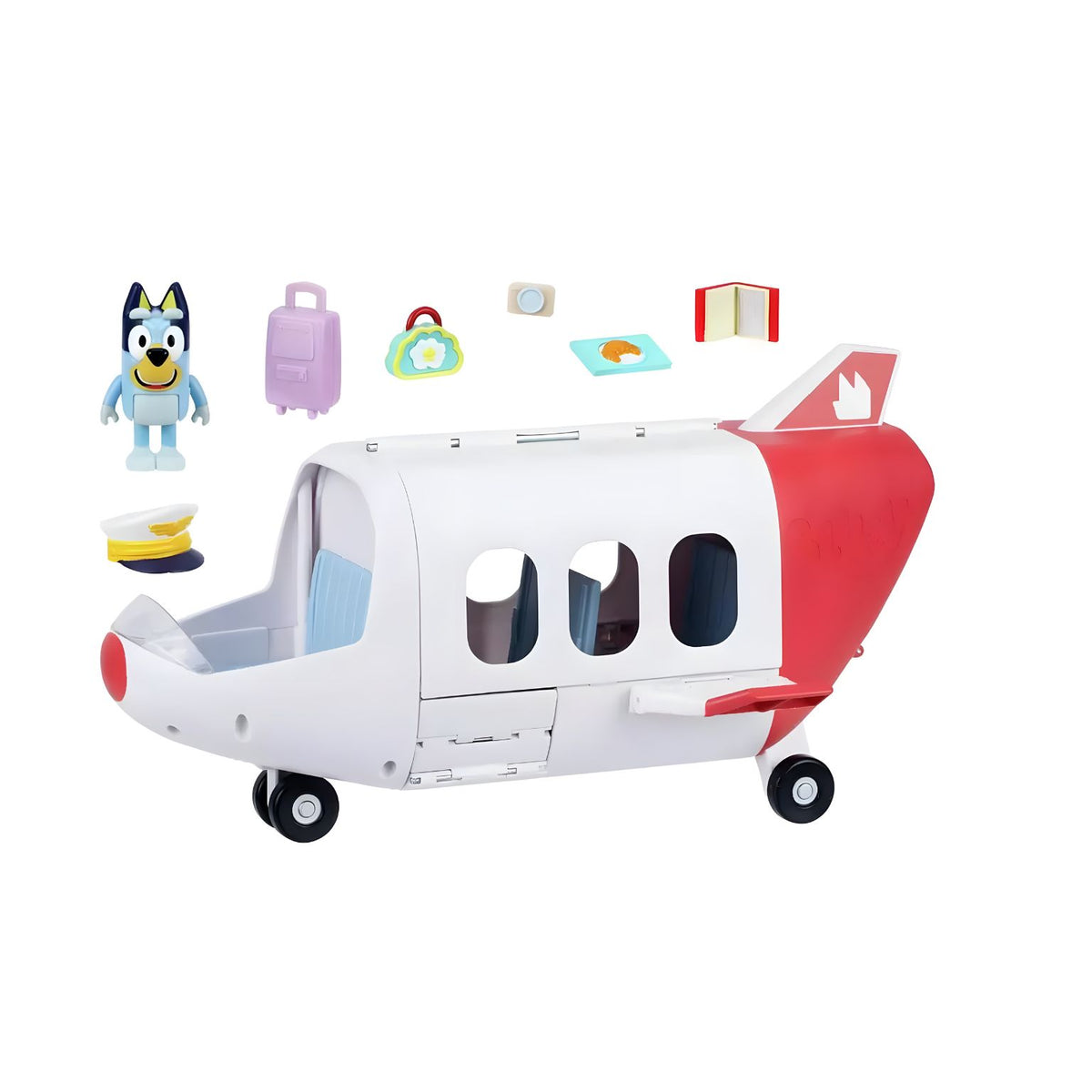Avião de brincar da Bluey com cabina de passageiros e escadas de embarque