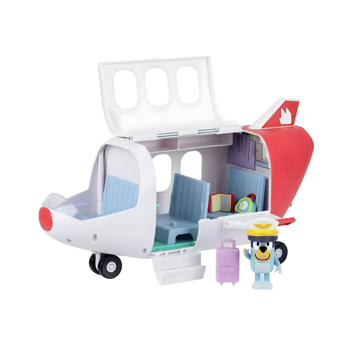 Conjunto de viagem Bluey com avião, mala e acessórios de brincar