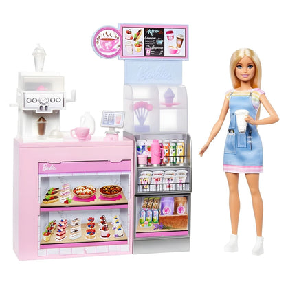Barbie de avental ao lado do balcão de café com bolos e bebidas