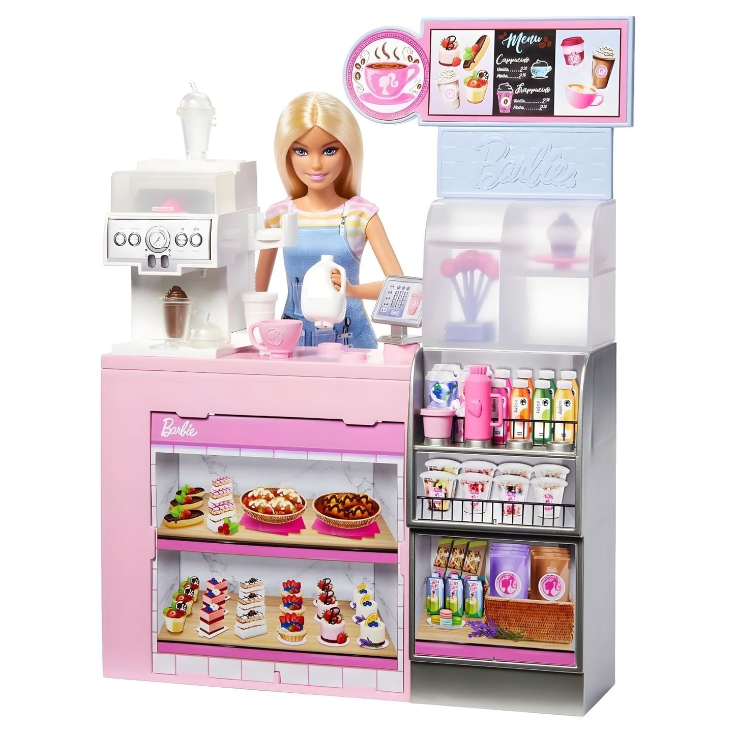 O café da Barbie conjunto cafetaria com balcão, máquina de bebidas e doces