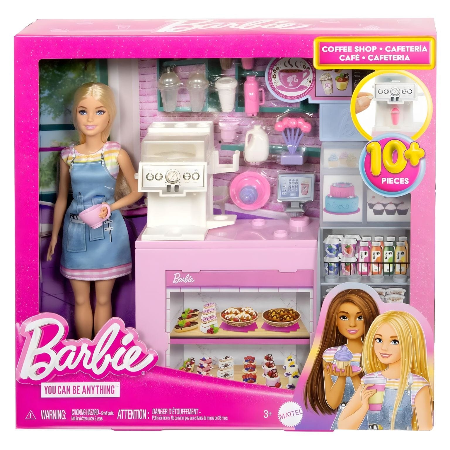 O café da Barbie conjunto cafetaria com balcão, máquina de bebidas e doces