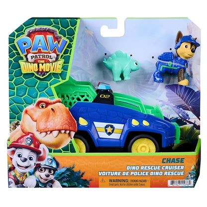 Patrulha Pata The Dino Movie Chase na embalagem, com veículo azul e dinossauro