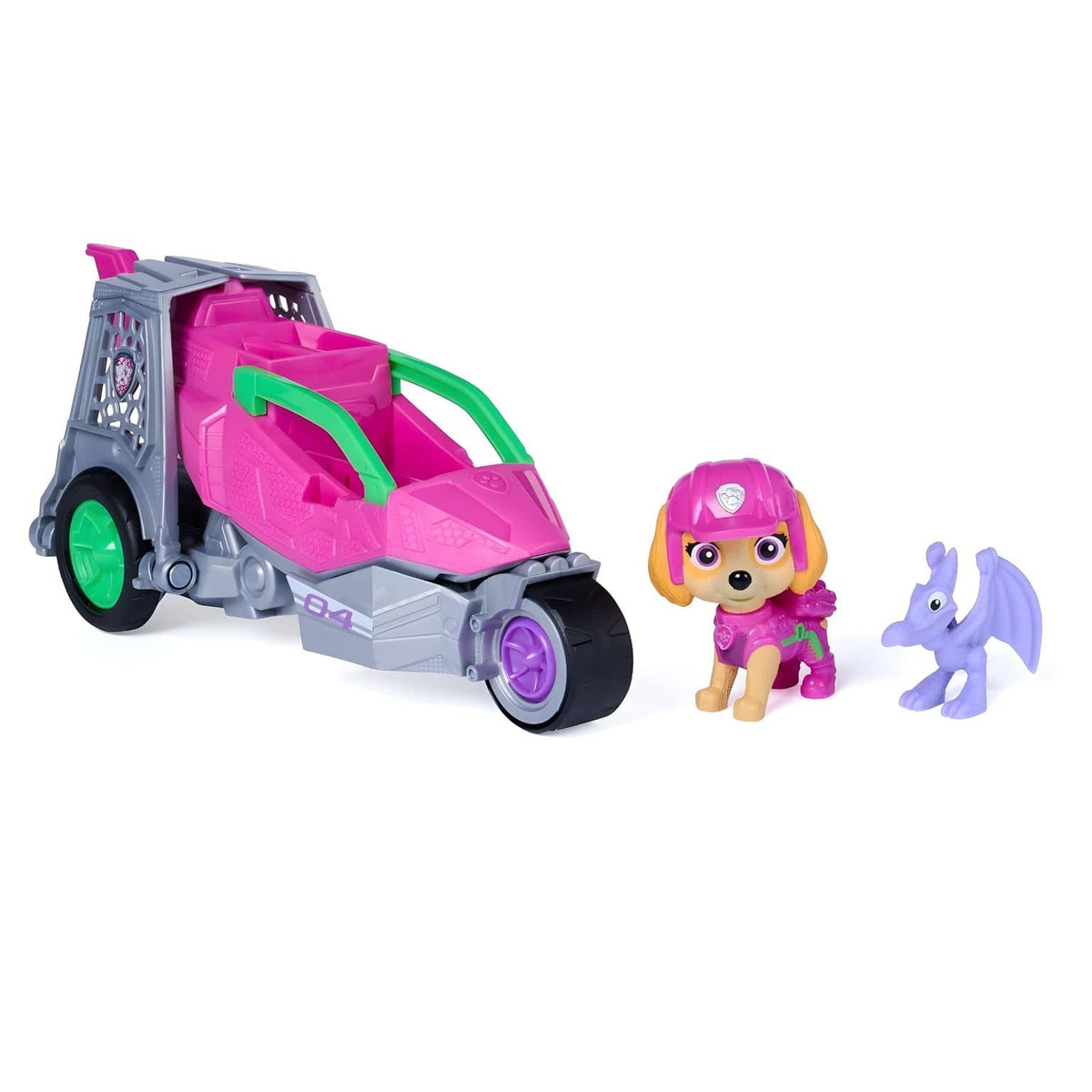 Patrulha Pata The Dino Movie: veículo rosa, figura de Skye e dinossauro roxo