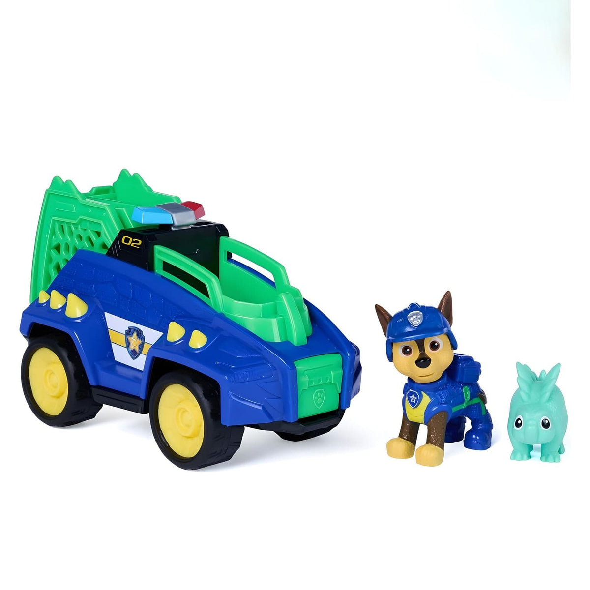 Veículo Chase Patrulha Pata Dino Movie com personagem Chase e amigo dinossauro